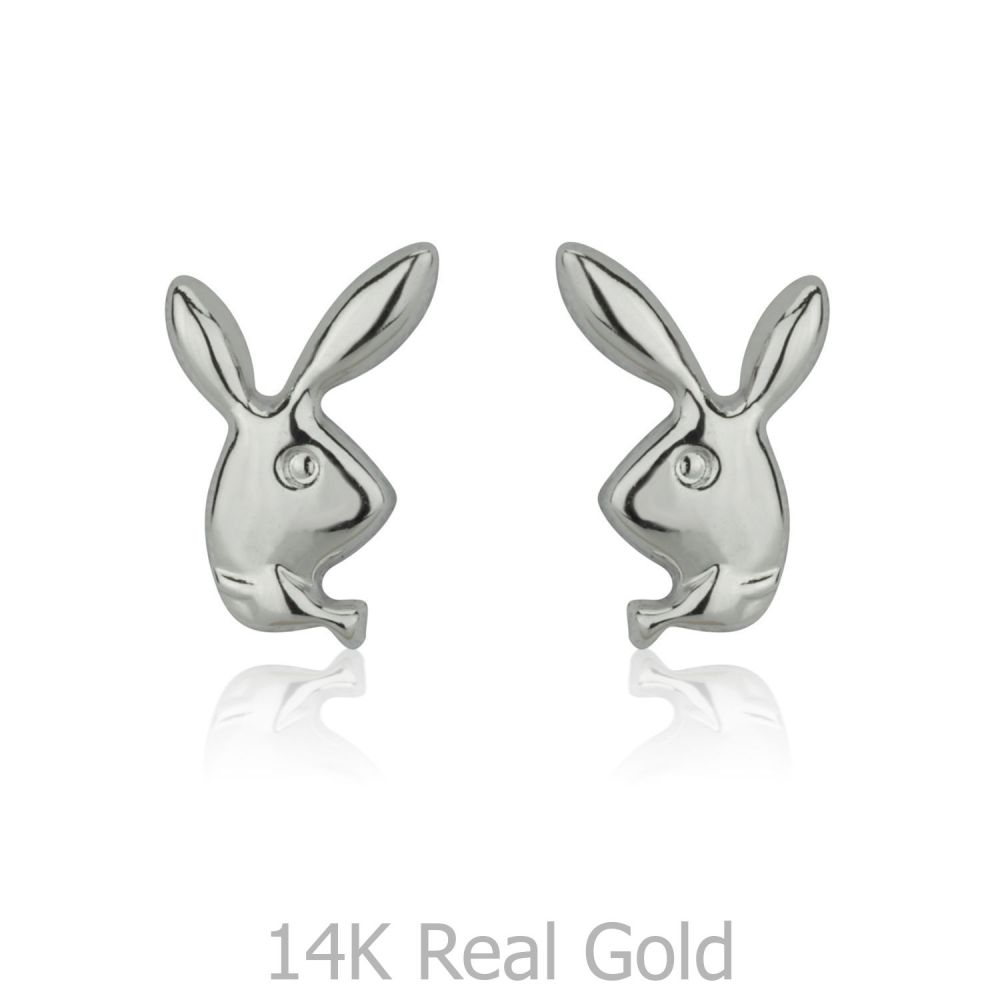 Girl's Jewelry | 14K White Gold Kid's Stud Earrings - Sweet Rabbit