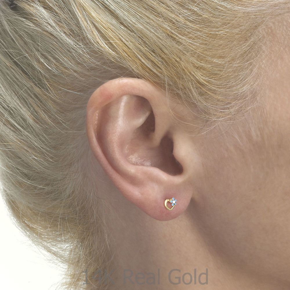 Girl's Jewelry | 14K Yellow Gold Kid's Stud Earrings - Daisy Heart - Blue
