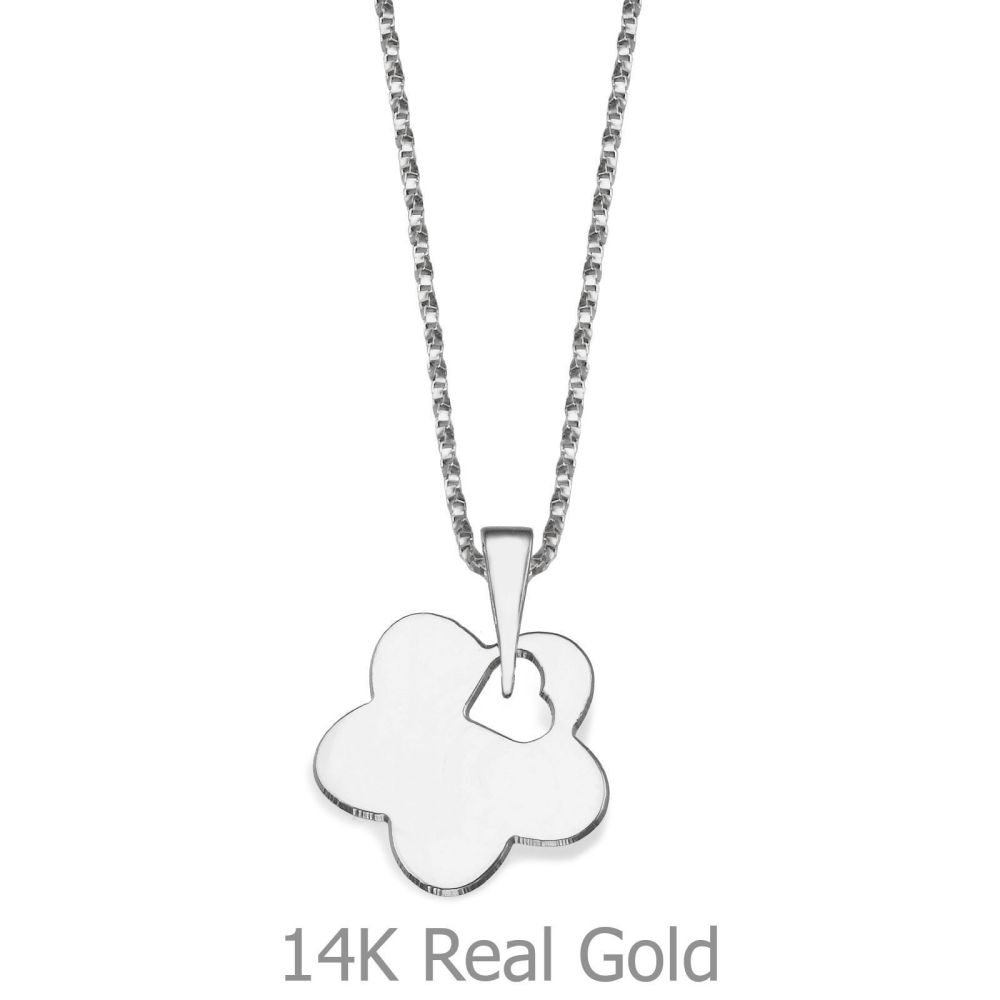 Girl's Jewelry | Pendant and Necklace in 14K White Gold - Silver Heart Flower