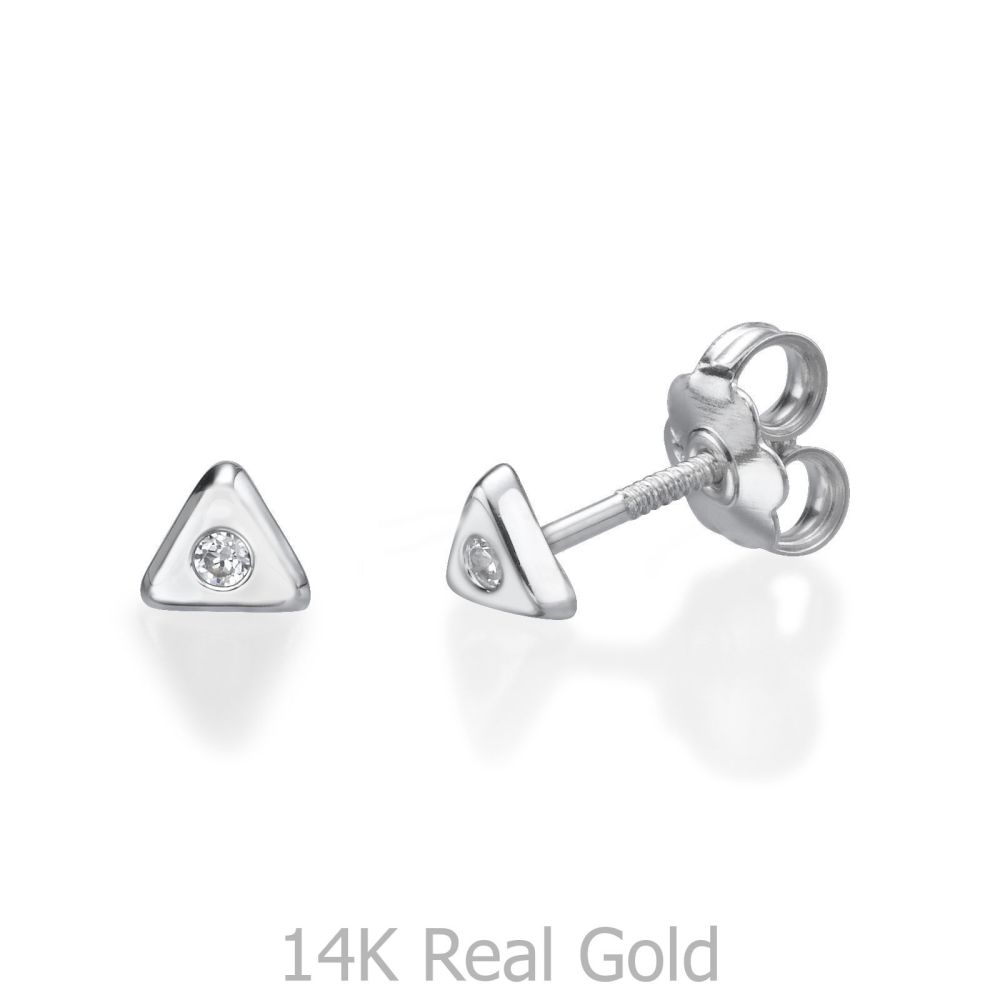 Girl's Jewelry | 14K White Gold Kid's Stud Earrings - Sparkling Triangle