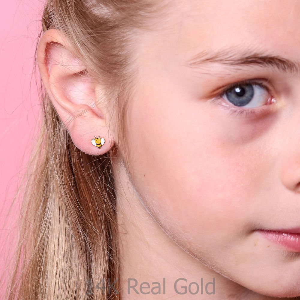 Girl's Jewelry | 14K Yellow Gold Kid's Stud Earrings - Busy Bee