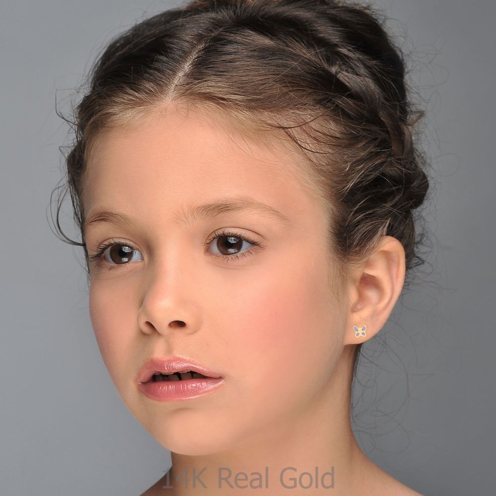 Girl's Jewelry | 14K Yellow Gold Kid's Stud Earrings - Lilac Butterfly