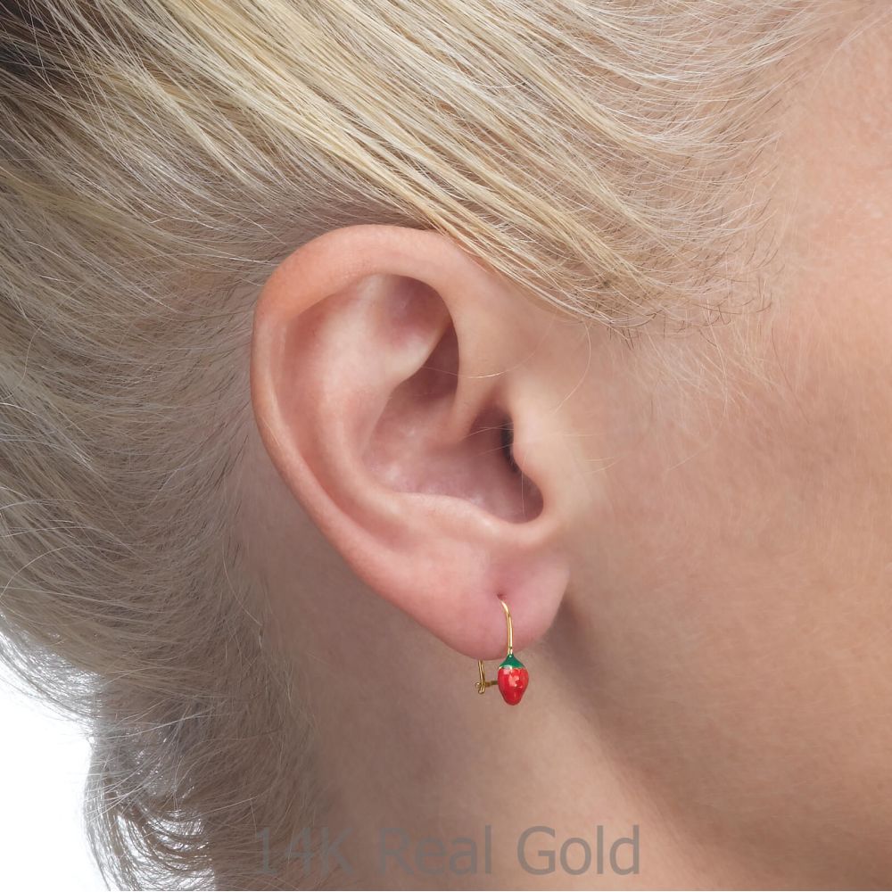 Girl's Jewelry | Dangle Earrings in14K Yellow Gold - Strawberry Berry