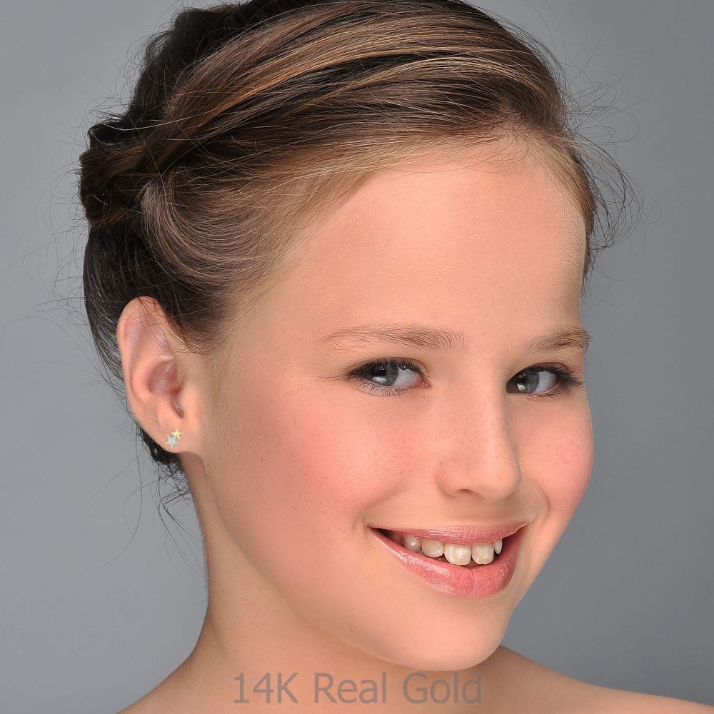 Girl's Jewelry | 14K White & Yellow Gold Kid's Stud Earrings - Two Stars