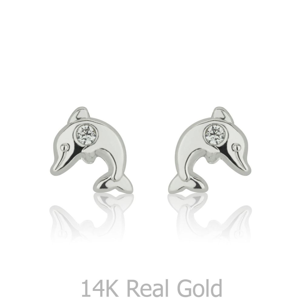 Girl's Jewelry | 14K White Gold Kid's Stud Earrings - Sparkling Dolphin