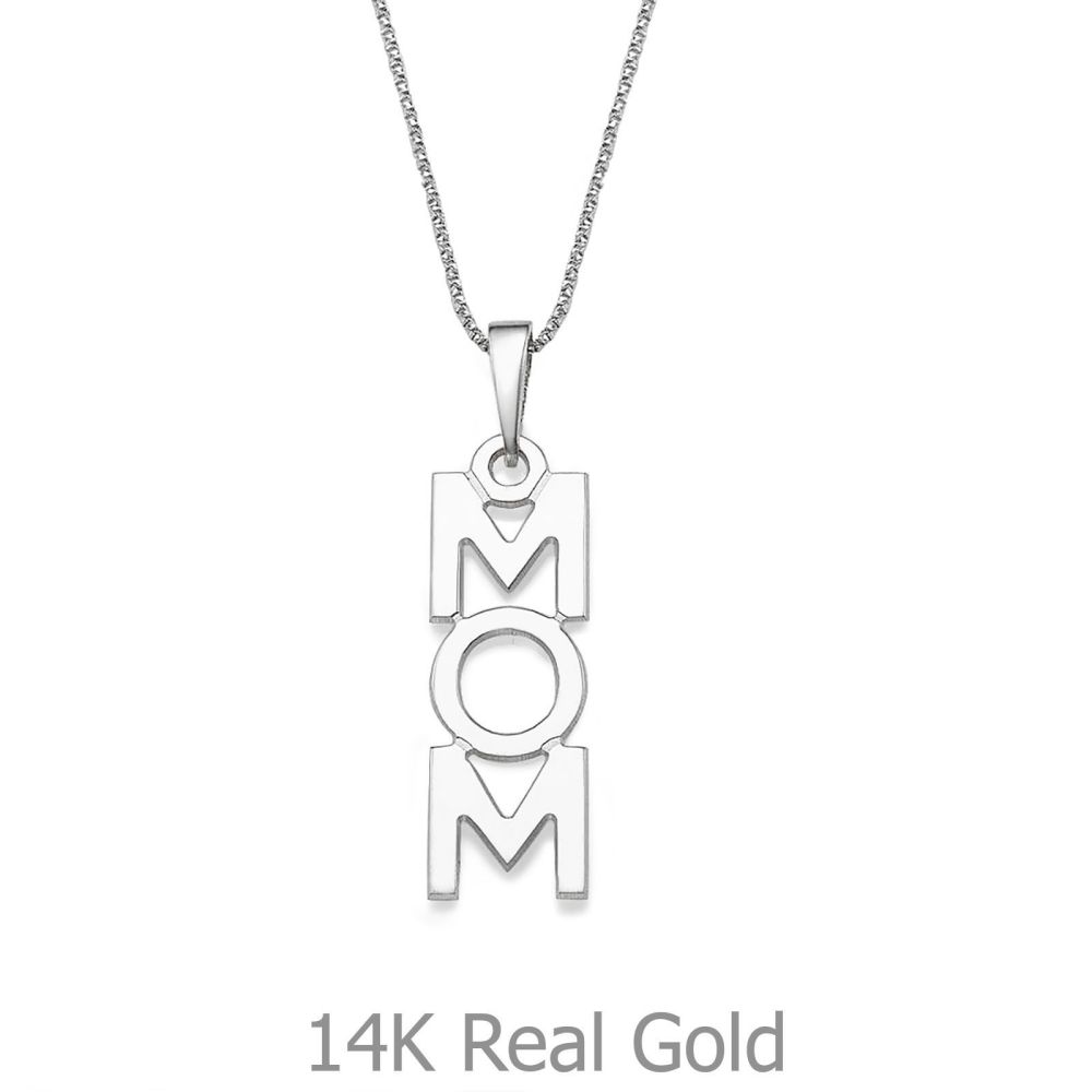 Gold Pendant | 14K White Gold MOM Necklace - MOM Vertical Necklace
