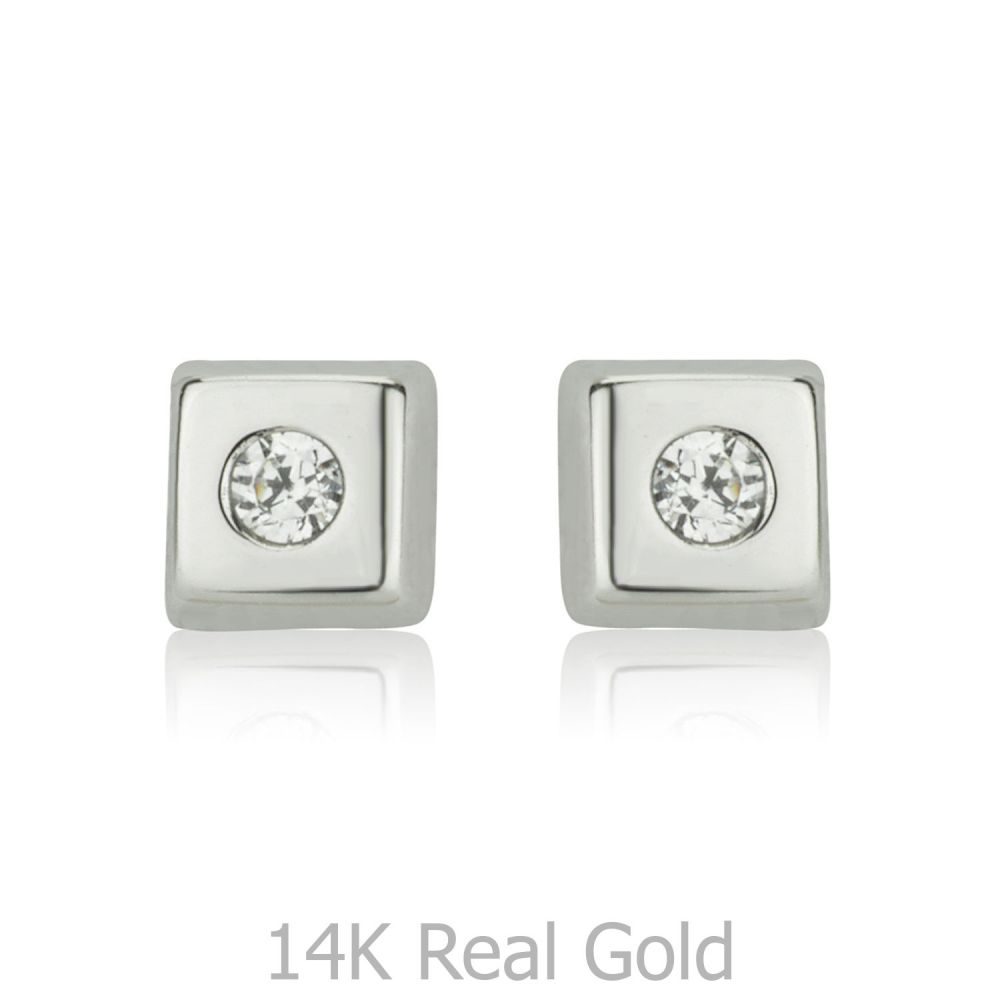 Girl's Jewelry | 14K White Gold Kid's Stud Earrings - Sparkling Square Small