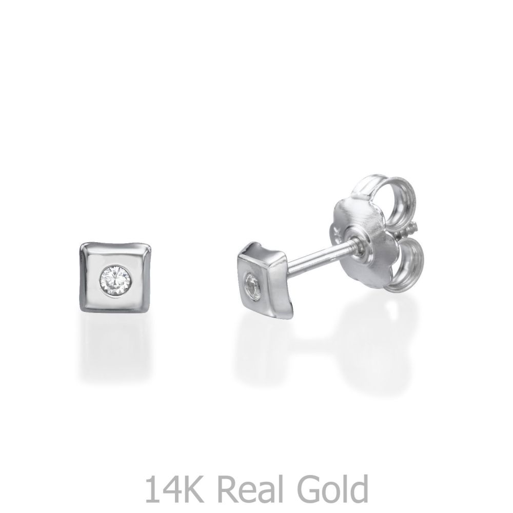 Girl's Jewelry | 14K White Gold Kid's Stud Earrings - Sparkling Square Small