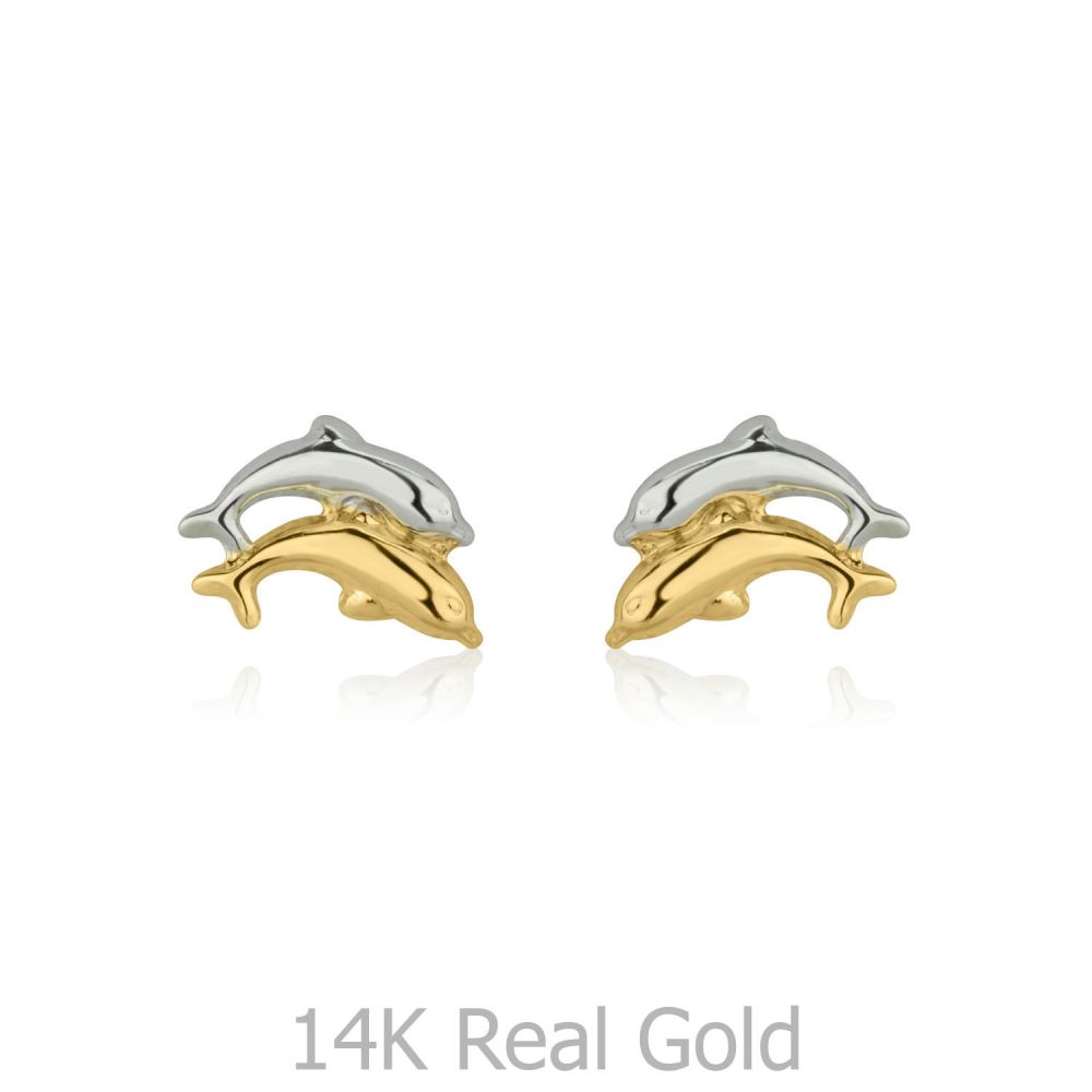 Girl's Jewelry | 14K White & Yellow Gold Kid's Stud Earrings - Leaping Dolphin