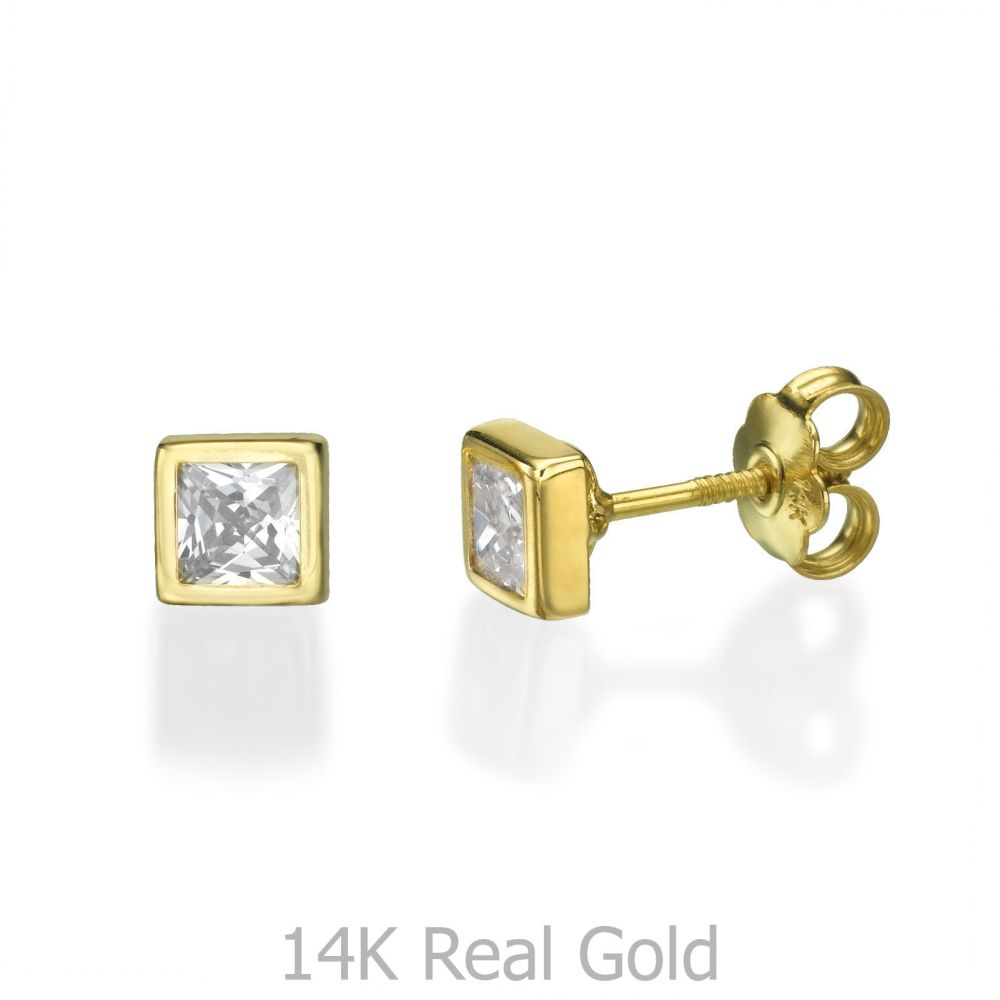 Girl's Jewelry | 14K Yellow Gold Kid's Stud Earrings - Sparkling Square - Large