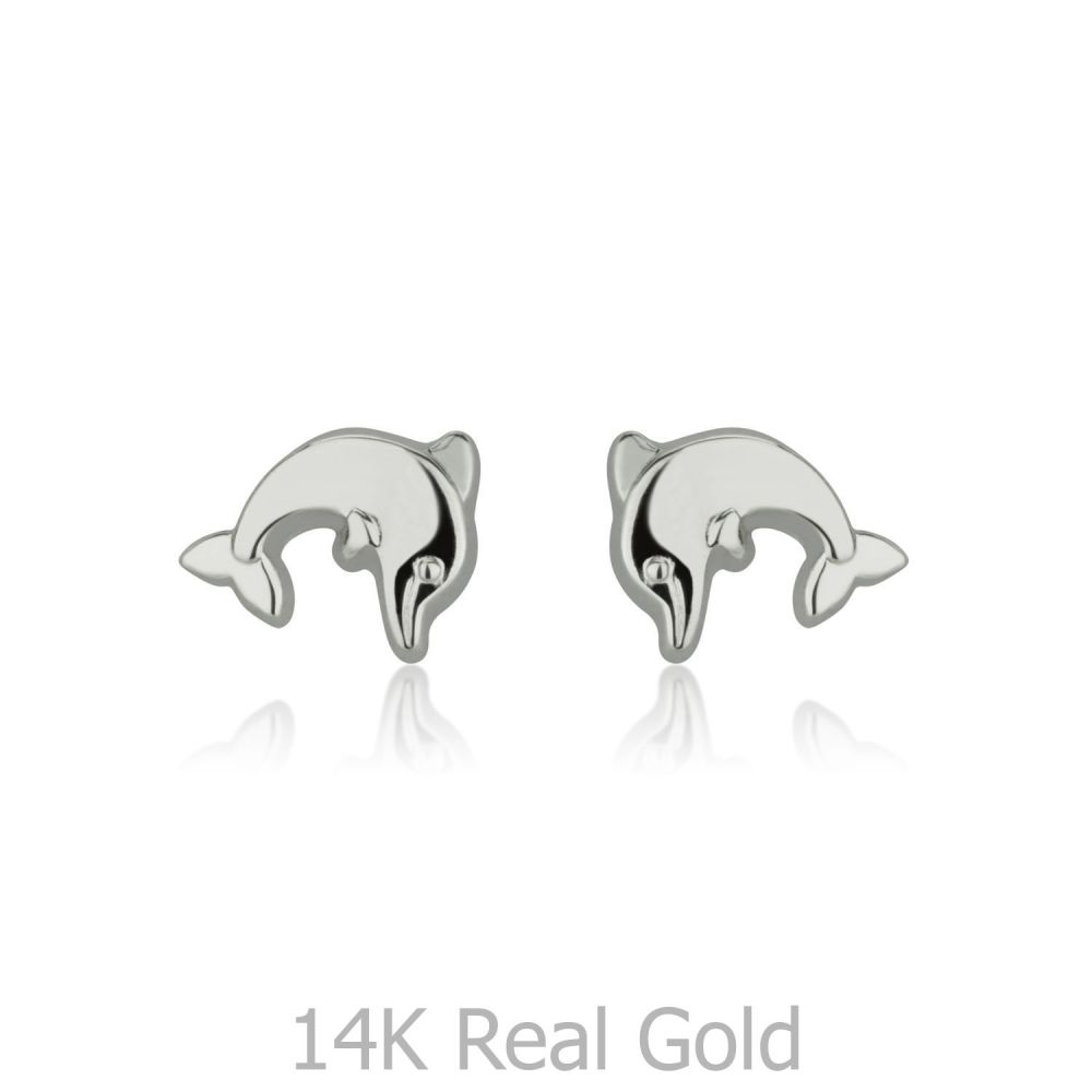 Girl's Jewelry | 14K White Gold Kid's Stud Earrings - Joyous Dolphin