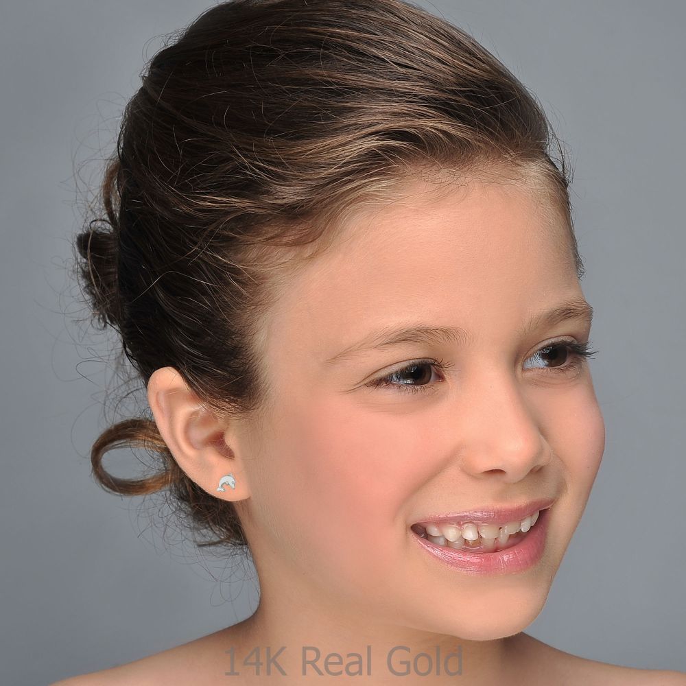 Girl's Jewelry | 14K White Gold Kid's Stud Earrings - Joyous Dolphin