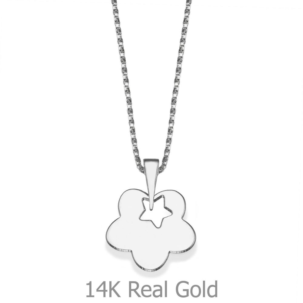 Girl's Jewelry | Pendant and Necklace in 14K White Gold - Flower of Silver Star