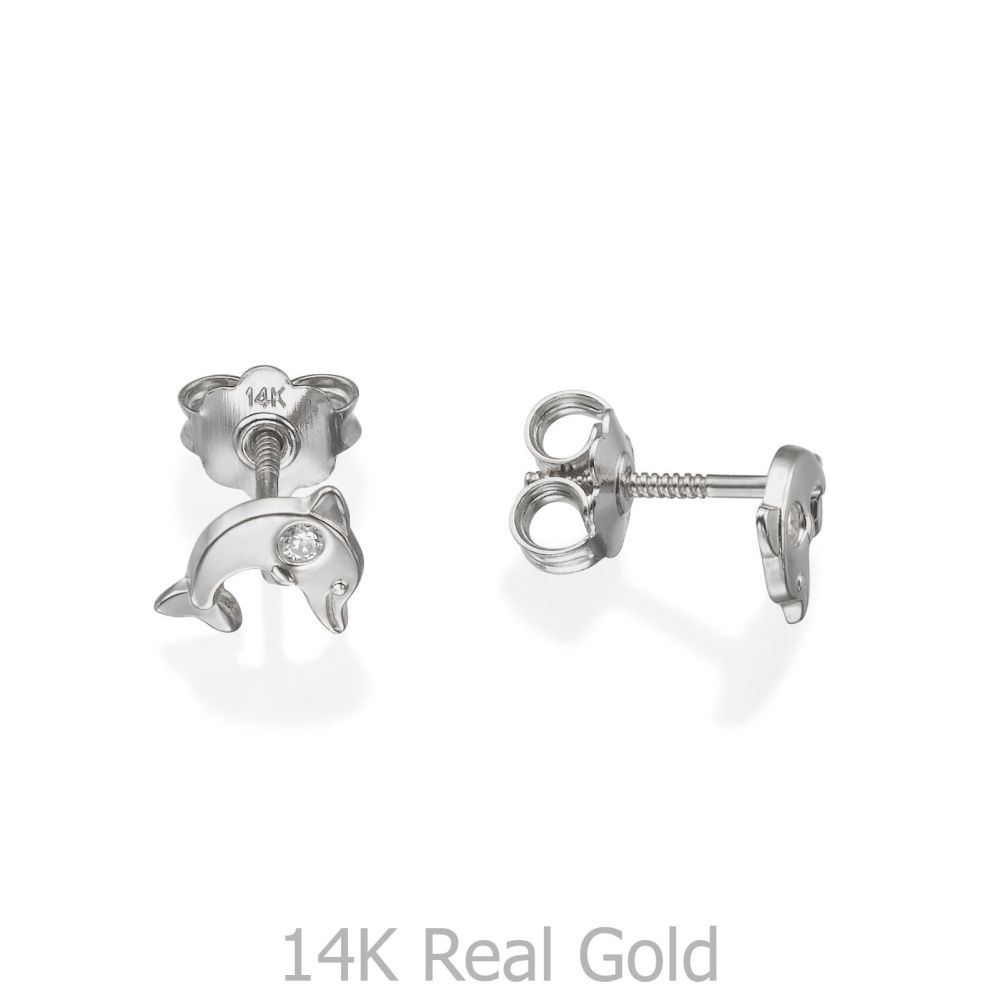 Girl's Jewelry | 14K White Gold Kid's Stud Earrings - Sparkling Dolphin