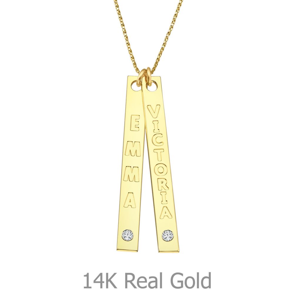 Personalized Necklaces | Bar Necklace with Personalized Engraving, in Yellow Gold with Diamonds