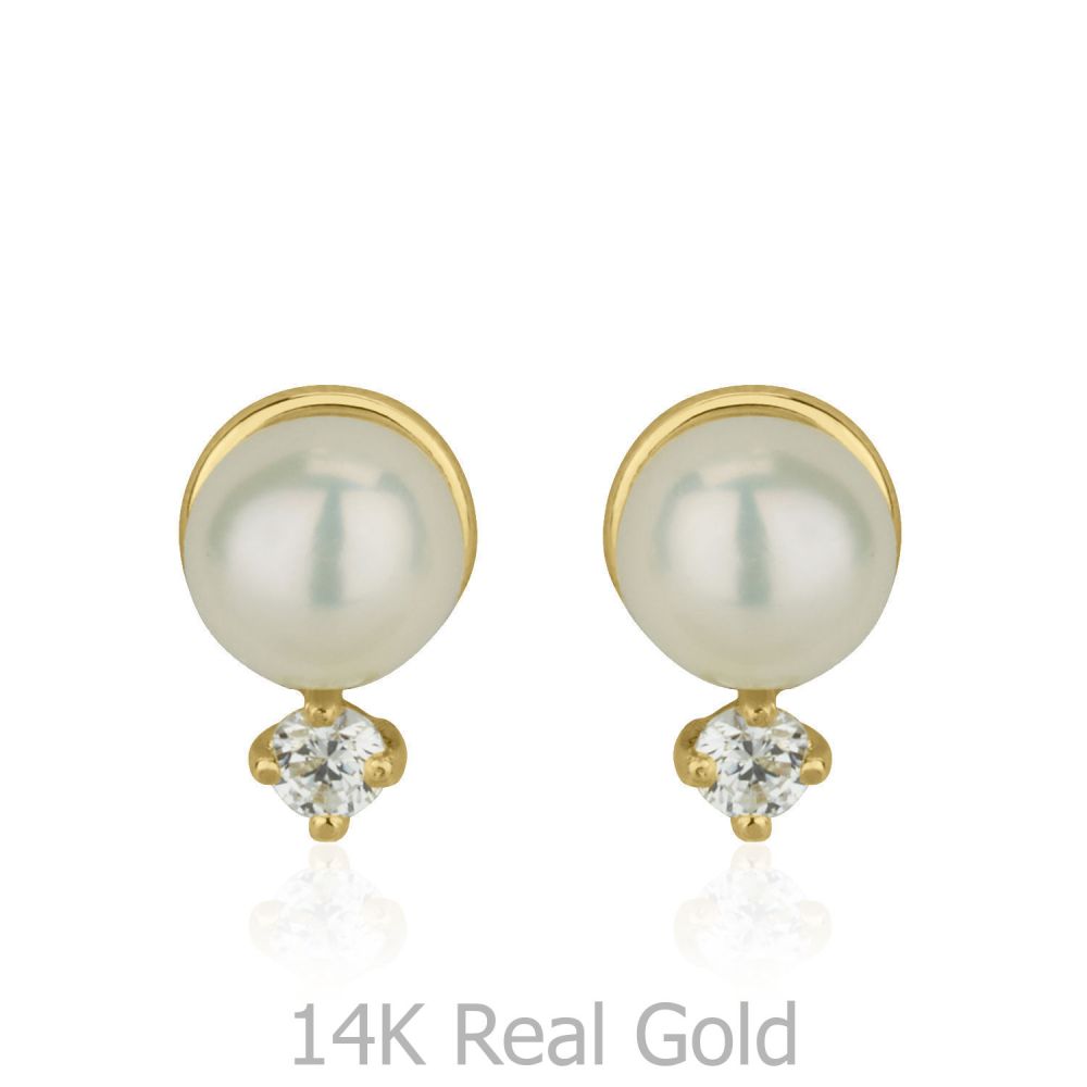 Girl's Jewelry | 14K Yellow Gold Kid's Stud Earrings - Pearl of Hugs and a Wink