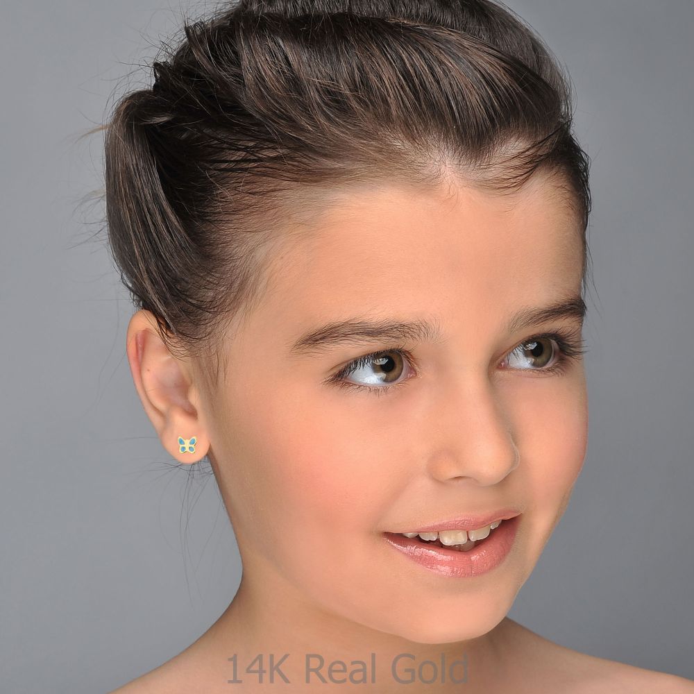 Girl's Jewelry | 14K Yellow Gold Kid's Stud Earrings - Blue Butterfly