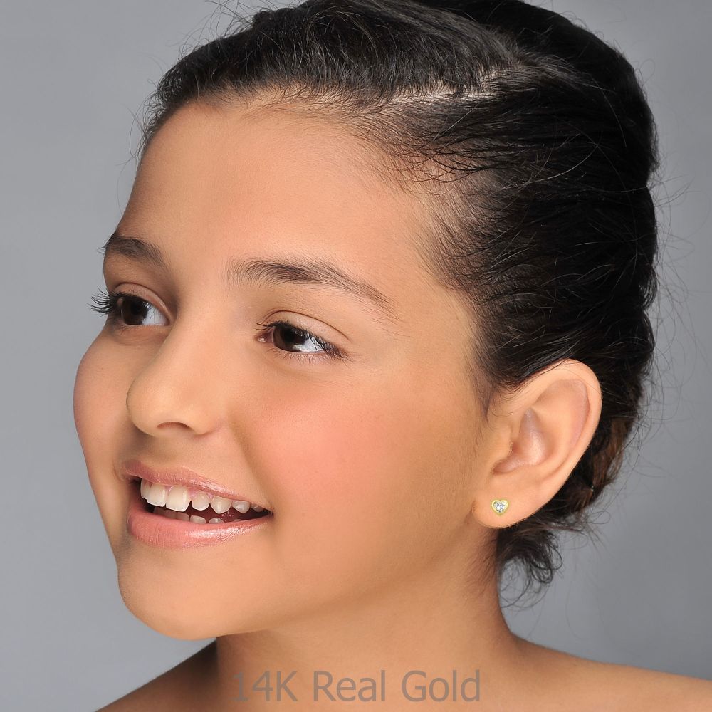 Girl's Jewelry | 14K Yellow Gold Kid's Stud Earrings - Sparkling Heart