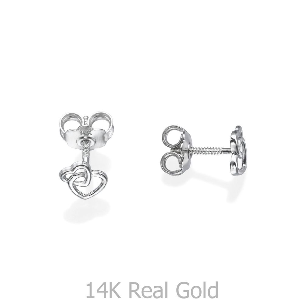 Girl's Jewelry | 14K White Gold Kid's Stud Earrings - United Hearts