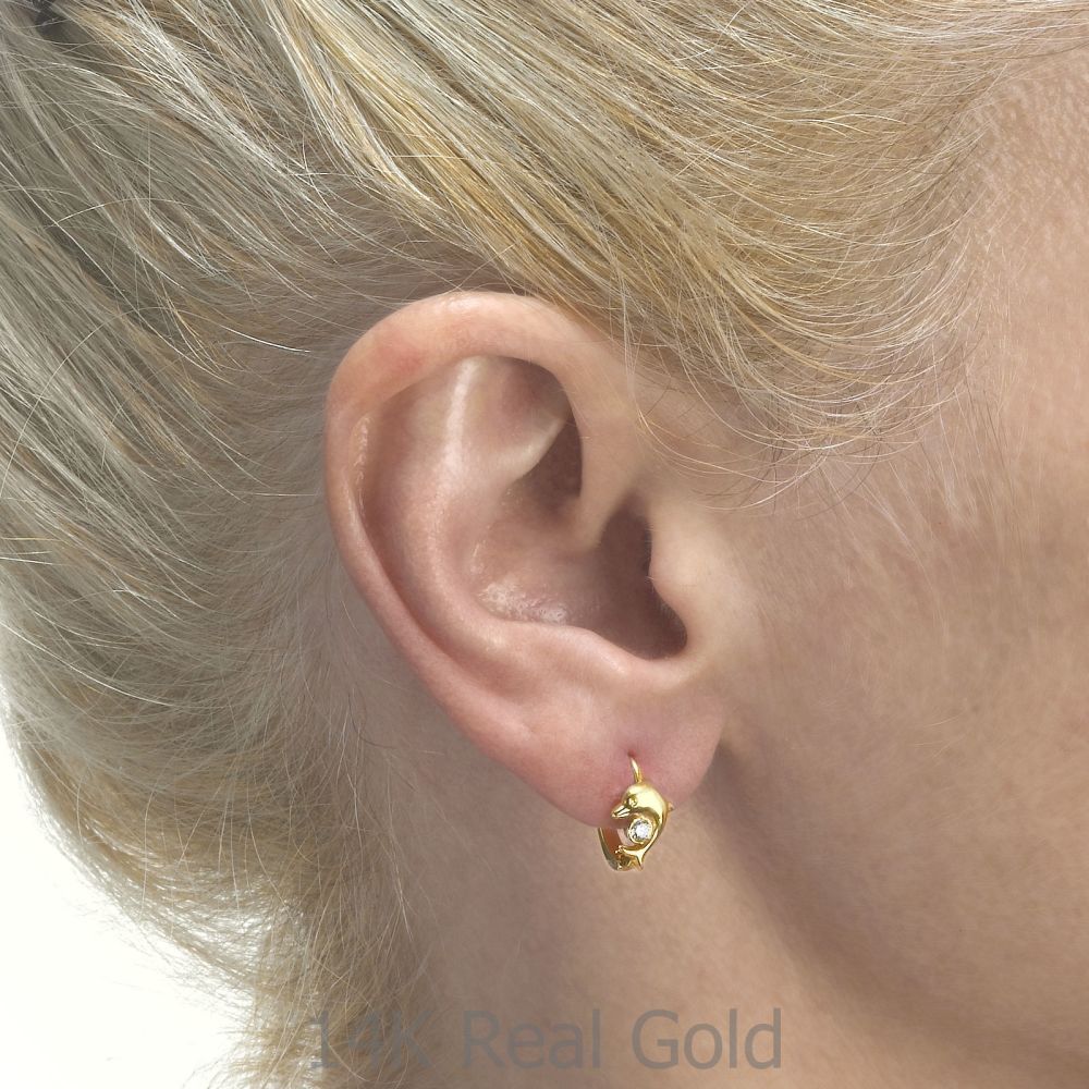Girl's Jewelry | Dangle Tight Earrings in14K Yellow Gold - Dolly Dolphin