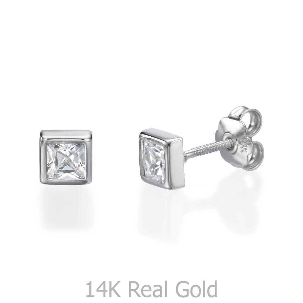Girl's Jewelry | 14K White Gold Kid's Stud Earrings - Intriguing Square