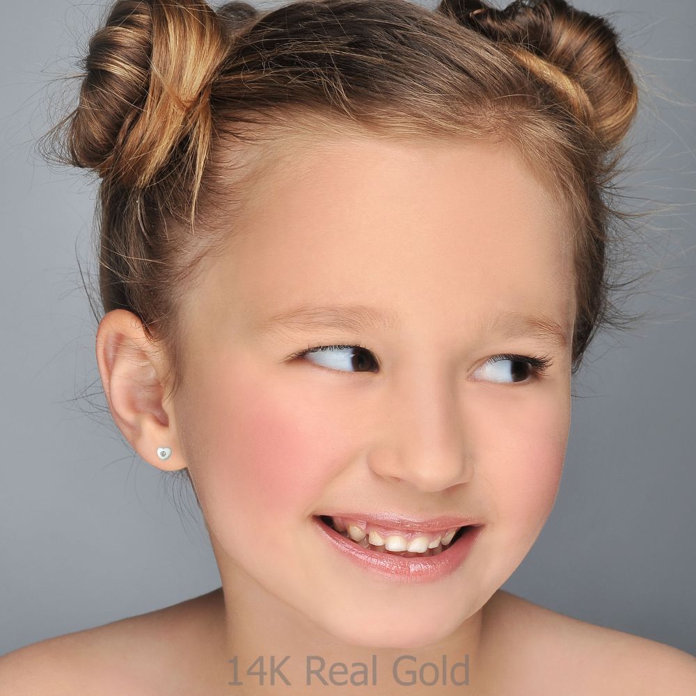 Girl's Jewelry | 14K White Gold Kid's Stud Earrings - Sparkling Heart - Small