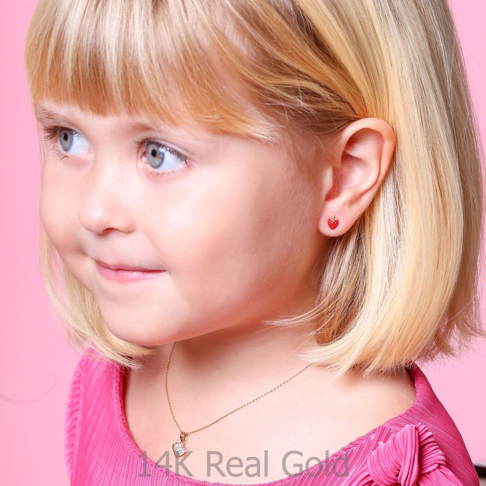Girl's Jewelry | 14K Yellow Gold Kid's Stud Earrings - Sweet Strawberry