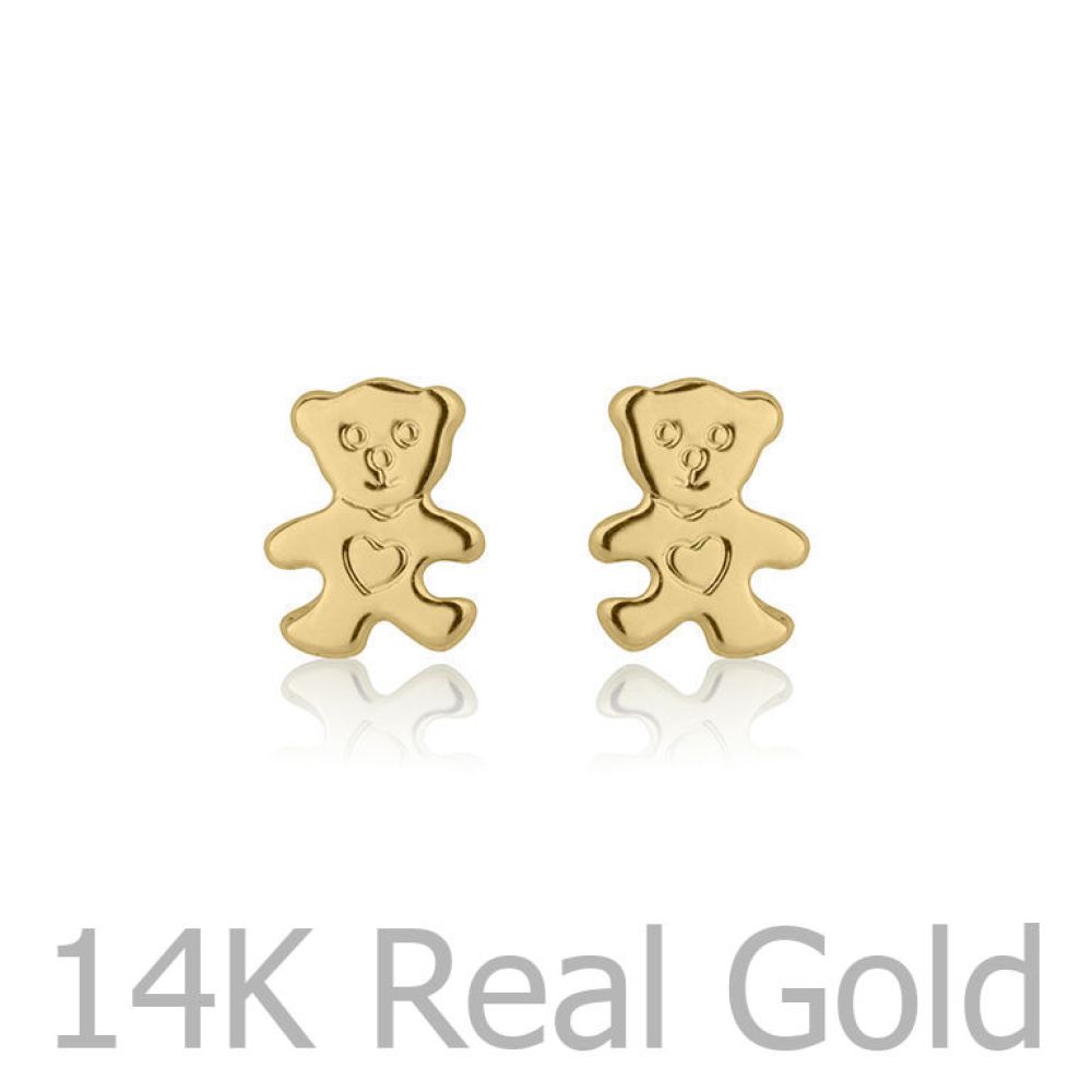 Girl's Jewelry | 14K Yellow Gold Kid's Stud Earrings - Cute Teddy