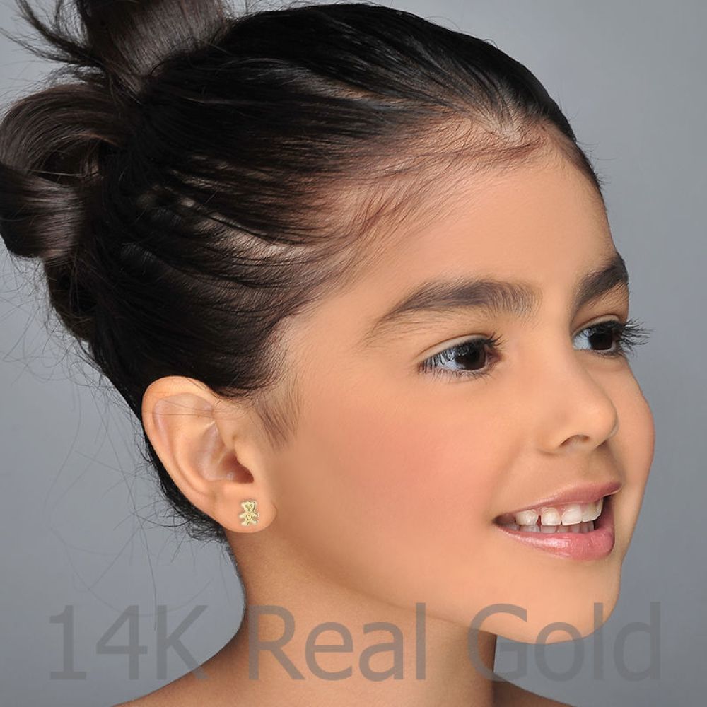 Girl's Jewelry | 14K Yellow Gold Kid's Stud Earrings - Cute Teddy