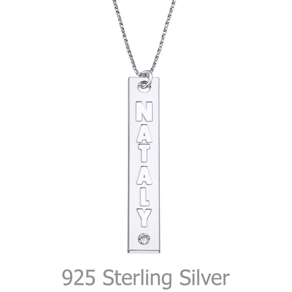 Personalized Necklaces | Vertical Bar Necklace with Name Engraving, in 925 Silver with a Diamond