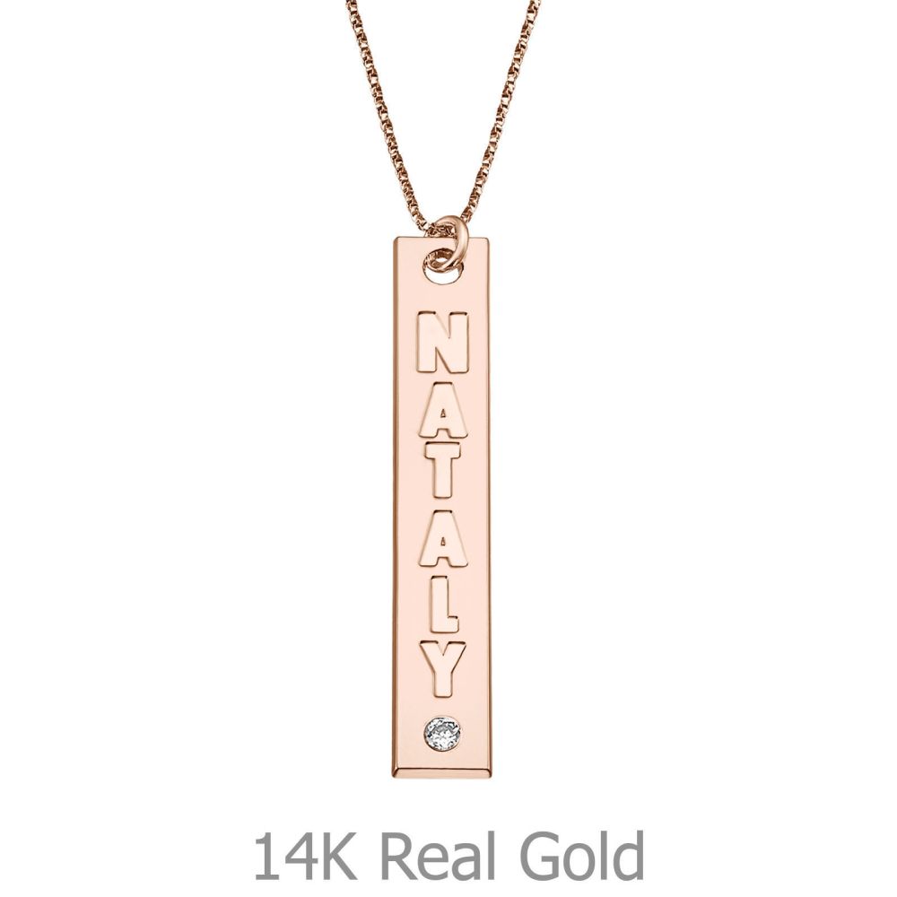 Personalized Necklaces | Vertical Bar Necklace with Name Engraving, in Rose Gold with a Diamond