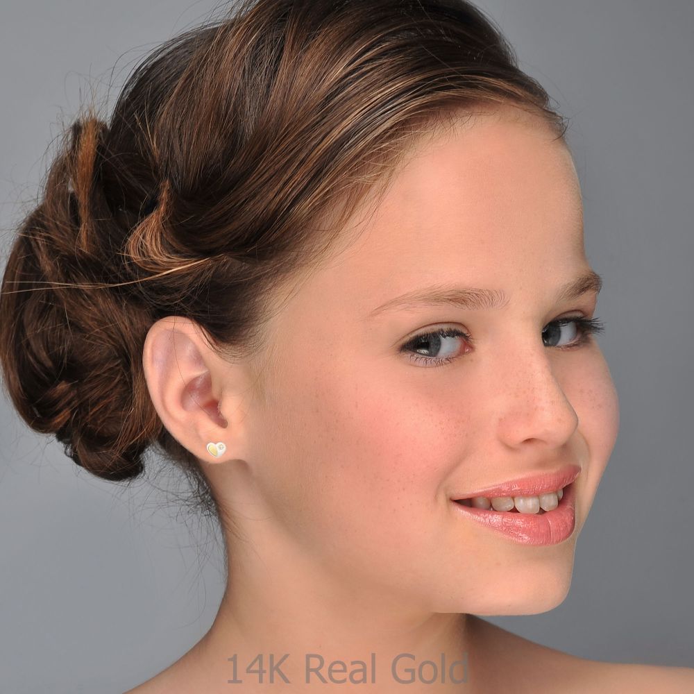 Girl's Jewelry | 14K White & Yellow Gold Kid's Stud Earrings - Duo Heart