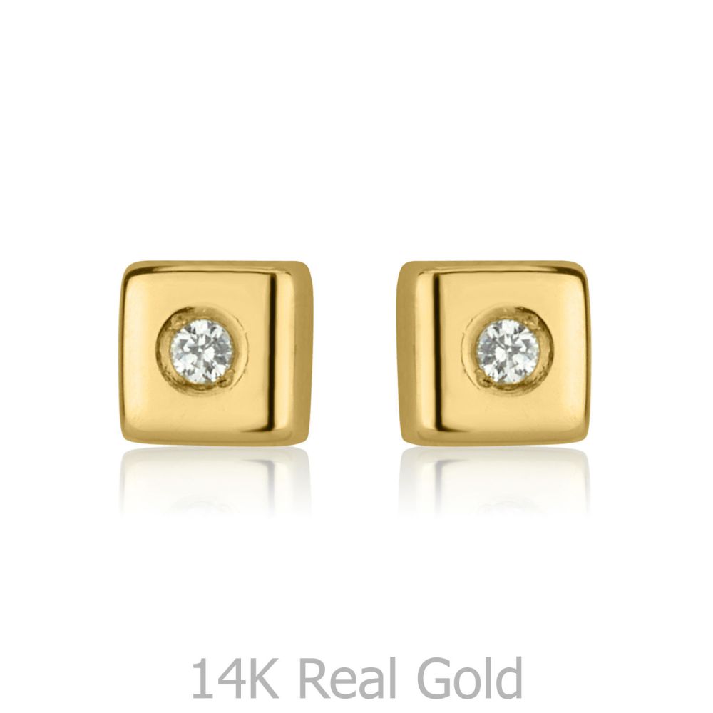 Girl's Jewelry | 14K Yellow Gold Kid's Stud Earrings - Sparkling Square - Small