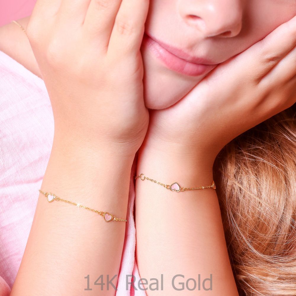 Girl's Jewelry | 14K Gold Girls' Bracelet - Mother-of-Pearl Hearts: Pink