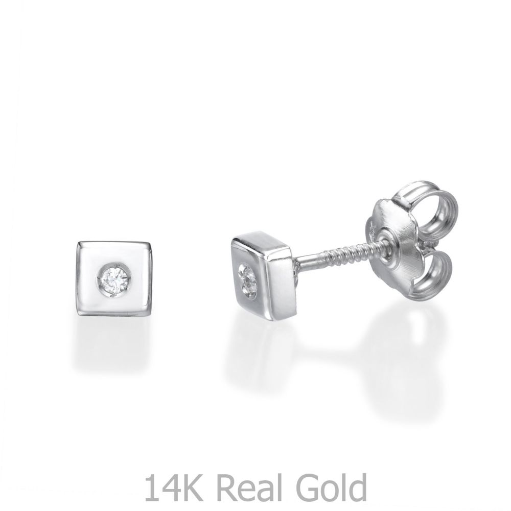 Girl's Jewelry | 14K White Gold Kid's Stud Earrings - Sparkling Square