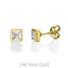 14K Yellow Gold Kid's Stud Earrings - Sparkling Square - Large