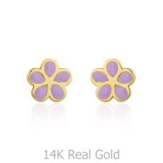 14K Yellow Gold Kid's Stud Earrings - Flowering Daisy - Lilac