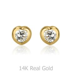 14K Yellow Gold Kid's Stud Earrings - Shining Heart - Small