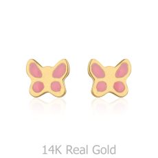14K Yellow Gold Kid's Stud Earrings - Pink Butterfly