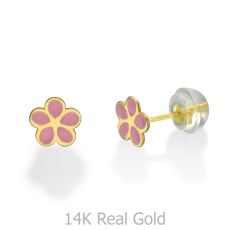 14K Yellow Gold Kid's Stud Earrings - Flowering Daisy - Pink