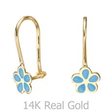 Dangle Earrings in14K Yellow Gold - Isabella Flower - Light Blue