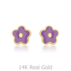 14K Yellow Gold Kid's Stud Earrings - Lilac Flower