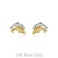14K White & Yellow Gold Kid's Stud Earrings - Leaping Dolphin