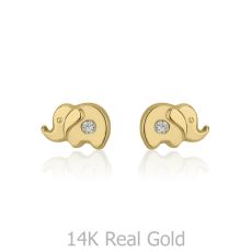 14K Yellow Gold Kid's Stud Earrings - Sparkling Elephant