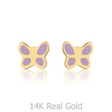 14K Yellow Gold Kid's Stud Earrings - Lilac Butterfly