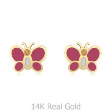 14K Yellow Gold Kid's Stud Earrings - Colorful Butterfly