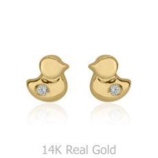 14K Yellow Gold Kid's Stud Earrings - Sparkling Chick