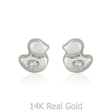 14K White Gold Kid's Stud Earrings - Sparkling Chick
