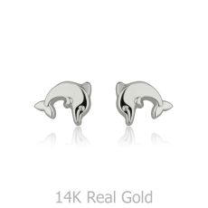14K White Gold Kid's Stud Earrings - Joyous Dolphin