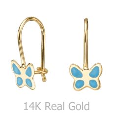 Dangle Earrings in14K Yellow Gold - Flutterby Butterfly - Light Blue